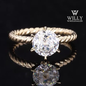 Rope Tiny Twist Shank Solitaire Designer Wedding Ring, Six Claw Prong Anniversary Ring, Jubilee Cut 1/ 2/ 3 Carat Moissanite Engagement Ring