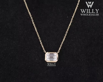 1.6/2.4/3.5 Carat East West Emerald Cut Moissanite Pendant Necklace: Bezel Set Solitaire Pendant With Cable Chain, Daily Wear Jewelry