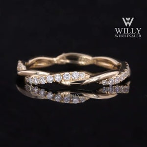 Unique Twisted Shank Wedding Band, Full Eternity Matching Band, Round Brilliant Cut Moissanite Engagement Band, Designer Band For Girlfriend