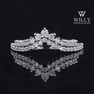 Crown Shaped Unique Designer Wedding Band, Fiery Round Brilliant Cut Moissanite Curved Matching Band For Engagement Ring, Love Proposal Ring