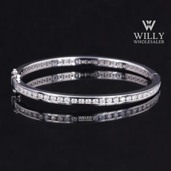 Channel Set Full Eternity Bangle Bracelet, Gorgeous Round Cut Moissanite Wedding Bracelet, Open Box Lock Celebrity Style Bracelet For Wifey
