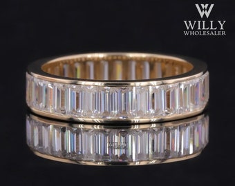 Full Eternity Channel Set Wedding Promise Band, Baguette Cut Colorless Moissanite Unisex Engagement Band, Stackable Band For Husband & Wifey