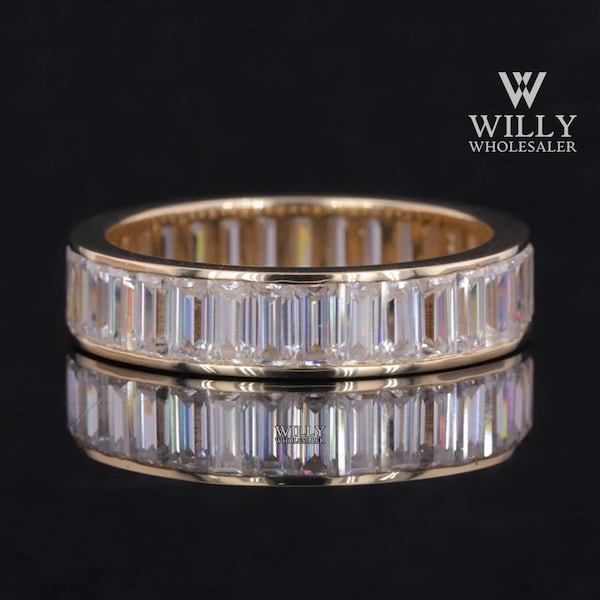 Dainty Full Eternity Channel Setting Wedding Promise Band: 3 TCW Baguette Cut Moissanite Unisex Engagement Band, Stackable Band For Him&Her