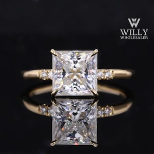 Hidden Halo Basket Set Solitaire Ring, Four Claw Prong Designer Wedding Ring, Delicate 1/ 2/ 3 Carat Princess Cut Moissanite Engagement Ring