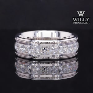 Glossy Shiny Wedding Anniversary Band For Husband, Designer Men&#39;s Engagement Ring, Colorless Princess Cut Moissanite Stackable Band For Gift