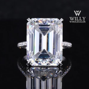 Colorless 7/ 9/ 12 Carat Emerald Cut Big Size Moissanite Wedding Ring, Hidden Halo Art Deco Designer Ring, 4 Claw Prong Set Engagement Ring