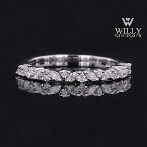 Cluster Set Muse Wedding Band,  Half Eternity Matching Band For Engagement Ring, Colorless Marquise With Round Brilliant Cut Moissanite Band