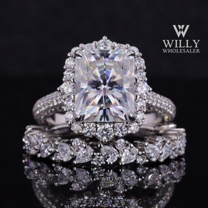 Halo With Hidden Halo Ring With Half Eternity Pear Cut Matching Band, Art Deco Bridal Set Ring, 2/3/5 Carat Radiant Cut Moissanite Ring Gift