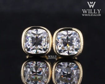 Bezel Set Stud Earrings, Secured Stone Screw Back Style Earrings, Dainty 2/ 2.5/ 3 TCW Old Mine Cushion Cut Moissanite Wedding Gift Earrings