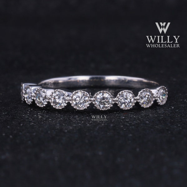 Milgrain Bezel Set Half Eternity Wedding Band, Bubble Ring, Sparky Round Cut Moissanite Anniversary Band, Matching Band For Engagement Ring