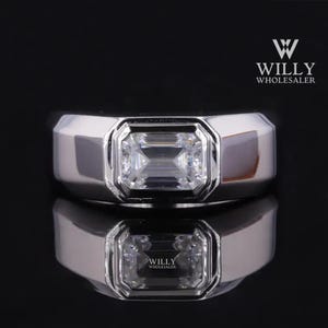 Classic Solitaire Men&#39;s Ring, Emerald Cut Moissanite Engagement Ring, East To West Bezel Set Wedding Ring For Fiancé, Surprise Birthday Gift