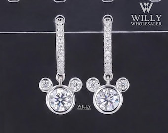 Mickey Mouse Charm Drop Earrings: 10K Solid Gold Huggie Hoop Wedding Earrings, 1/1.6/2.4 TCW Round Cut Moissanite Earrings For Birthday Gift