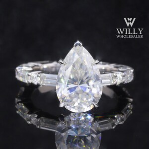 Full Eternity Band, Solitaire 5 Claw Prong Basket Set Designer Engagement Ring, 1/ 2/ 3 Carat Pear With Baguette Cut Moissanite Wedding Ring