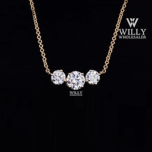 3 Stone Pendant With Cable Chain, Beautiful 2 TCW Round Cut Moissanite Anniversary Necklace, Past Present Future Gift For Her, Birthday Gift