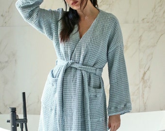 Waffle Linen Robe Mid Calf, Classic Robe, Linen Spa Robe, Sauna Robe, Bath Robe, Home Wear, Long Robe, Gift for Her, Gift for Mother
