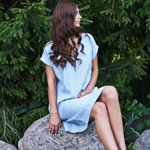 Linen v-neck dress, Linen dress, Short sleeve dress, Loose linen dress, Natural linen dress, Summer dress, ALAIA