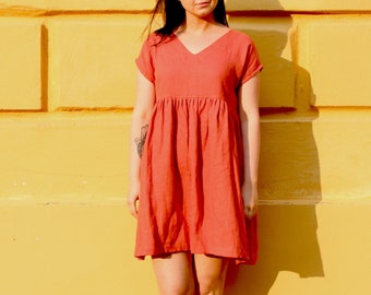 Linen Bohemian Dress,  Pleated Dress, Mini Dress, Short Dress, Vacation Dress, Casual Dress, V Neck Dress, CHIIARA
