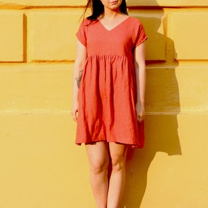Linen Bohemian Dress,  Pleated Dress, Mini Dress, Short Dress, Vacation Dress, Casual Dress, V Neck Dress, CHIIARA