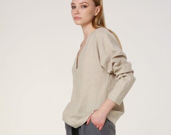 SALE  - S sizes OLIVIA Linen Woman Loose Top V Neck