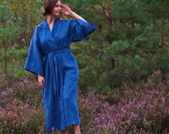 SAKURA Linen Woman Kimono Robe Wide Sleeves Washed Natural Linen Long Robe Waist Robe Elegant Linen Robe Bath Gift for Her Gift for Mother