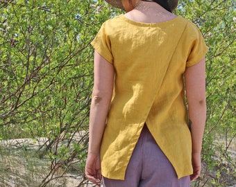 Linen  Simple Top, Summer Top, Split Back Top, Long Top, Natural Linen Top TAMIKA