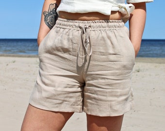 Linen Shorts RHEA, Comfortable Summer Beach Shorts, Elastic Waist Shorts
