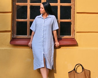 Linen Shirt Dress, Button Dress, Knee Lenght Dress, Beach Shirt, Causal Dress,  GAIAA