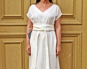 DEMETRA Linen Long Dress With Sewn On Belt