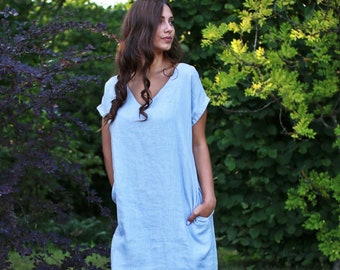 ALAIA Linen v-neck dress. Womans linen dress. Short sleeve dress. V-neck dress. Womans loose linen dress. Natural linen summer dress