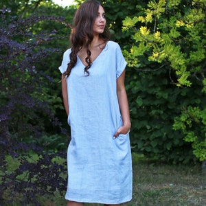 Linen v-neck dress, Linen dress, Short sleeve dress, Loose linen dress, Natural linen dress, Summer dress, ALAIA