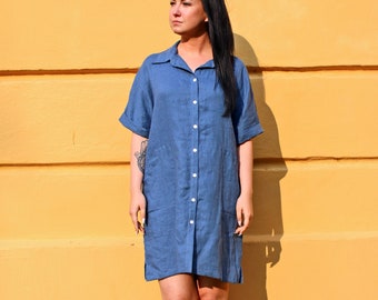 Linen Shirt Dress, Button Dress, Casual Dress, Home Dress, Vacation Dress, Natural Linen Dress, KEYARA