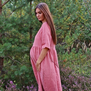 Maternity Dress, Mom Dress, Linen Pleated Dress, Round Neck Dress, Oversized Dress, Bohemian Dress,  Washed Linen Dress, Loose Dress, BELLE