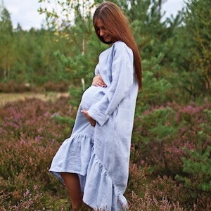 Maternity Dress, Mom Dress, Linen Ruffle Dress, Oversized Dress, Long Back Short Front Dress, Washed Linen Dress, FLORENCE