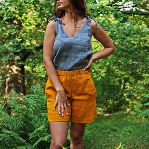 Linen Shorts FARO, Summer Shorts, Elastic Waist Shorts, Stonewashed Linen Shorts