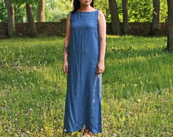 Linen Long Dress, Linen Maxi Dress, Staight Dress, Slim Dress, With Belt,  High Neck Dress, MEDORA