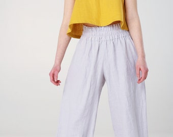 KENIA Linen Pants Palazzo High Waist Elegant Softened Linen Casual Pants Elastic Waist Washed Linen