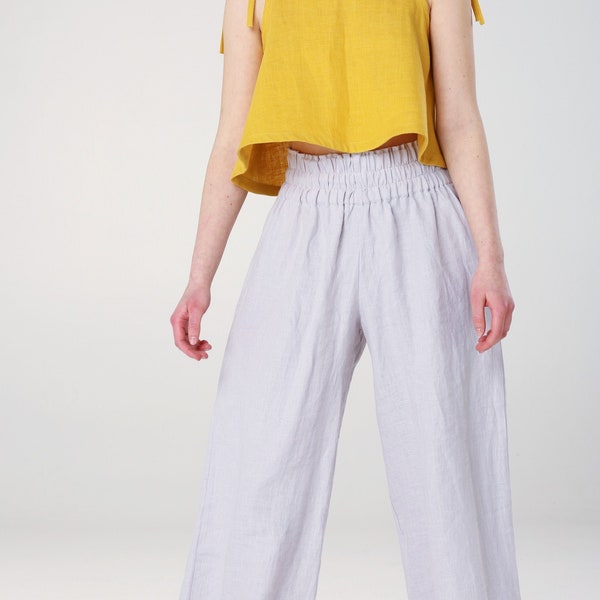 KENIA Linen Pants Palazzo High Waist Elegant Softened Linen Casual Pants Elastic Waist Washed Linen