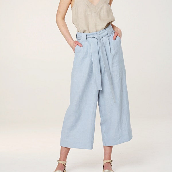 BARI Linen Pants Belt Button Zipper Close Wide Leg Washed Linen Zipper Closure Belt Button Elegant Evening Pants Summer Flood Pants