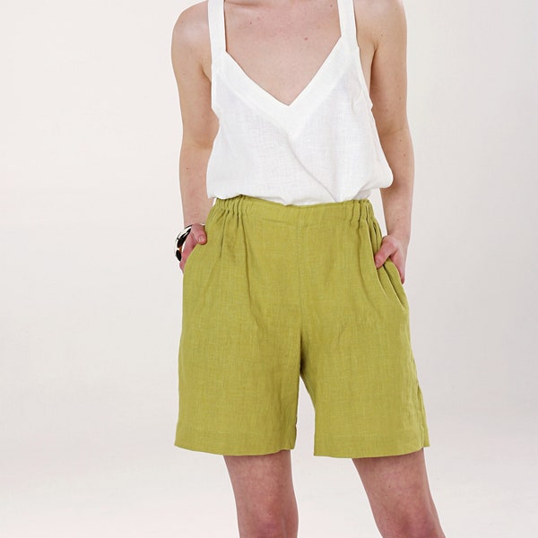 HANNA Linen Woman Shorts Long Comfortable Summer Feminine Elegant Elastic Waist Bermuda Lenght