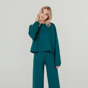 LEA Donna Set in cotone biologico, pantaloni palazzo e camicia, abbigliamento per la casa, abbigliamento per l&#39;esterno, abbigliamento da casa, pigiama, abbigliamento da notte