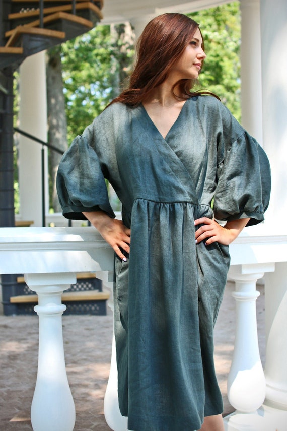 loose pleated dress for summer Elegant Ruffles Long Pleated Dress Women Loose Solid V-neck Half Sleeve  Ruched Dresses 2025 Spring Summer Lady Vacation Robe New
