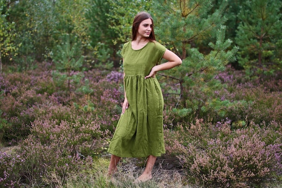 Linen Dress, Pleated Dress, Mid Calf Dres Oversized Dress, Loose Dress, Bohemian Dress, AYA