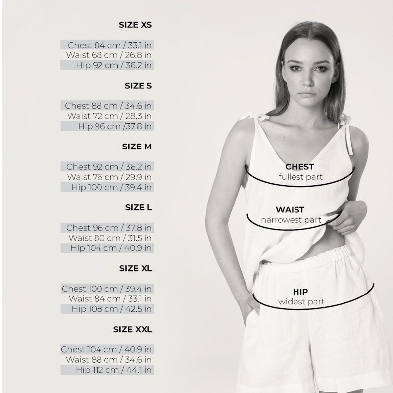 May include: Size chart for clothing with measurements in inches and centimeters. The chart shows chest, waist, and hip measurements for sizes XS, S, M, L, XL, and XXL.