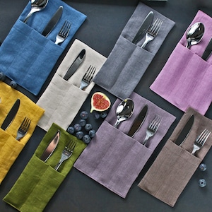 Linen Cutlery Silverware Holder Pouch. For 2 & 3 Cutlery Natural stonewashed linen cutlery pouch. Double Soft linen table