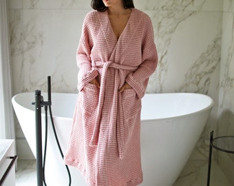 Waffle Linen Robe Mid Calf, Classic Robe, Linen Spa Robe, Sauna Robe, Bath Robe, Home Wear, Gift for Her, Gift for Mother