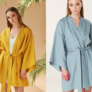 Linen Kimono Robe, Wide Sleeves Robe, Short Robe, Bath Robe, Summer Coat Robe, NARA