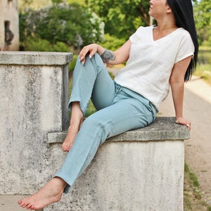 Linen Pants AZIZA, Casual Elastic Waist Pants, Washed Linen Pants, Casual Pants