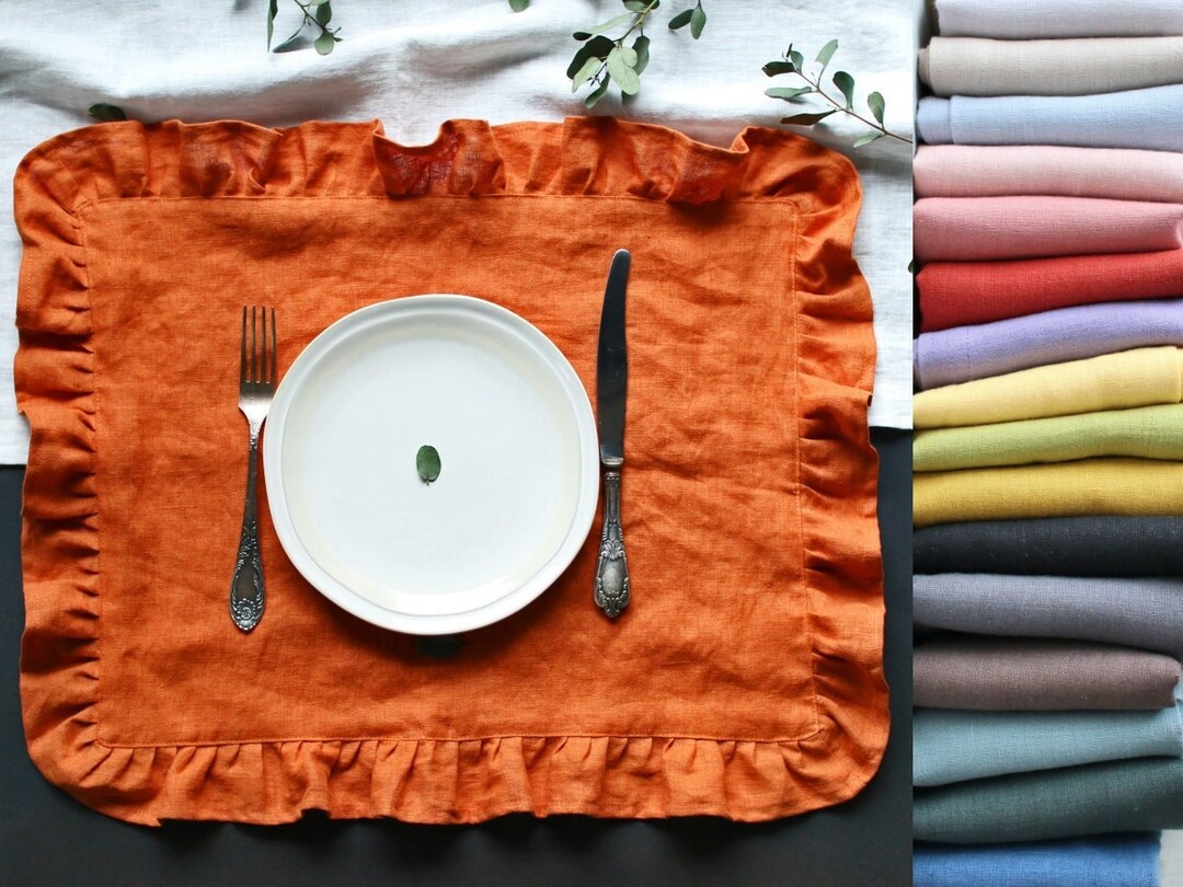 Ruffle Linen Double Layer Placemat. Natural Stonewashed Linen Placemat
