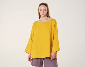 MAILAND Leinen Frau Oversized Top Kleidung Leinen Tunika Elegantes Top Minimalist Sommer Bluse Leinen Oversized Tragen Washed Linen Homewear