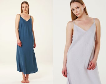 GRACE Linen Bias Cut Woman Nightgown Deep V Back Elegant Sphisticated Washed Linen Midi Lenght Handmade Europe Nightdress Sleepdress